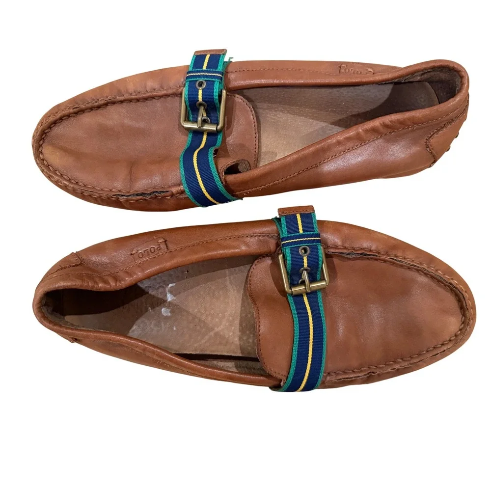 Polo Ralph Lauren Mens Brown Leather  Loafers Striped Buckle Strap